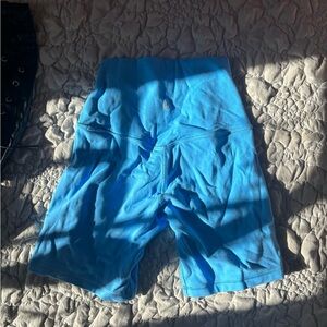 bright blue LULULEMON high rise 4 inch inseam workout shorts
